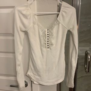 Free People White Lace Ribbed Top